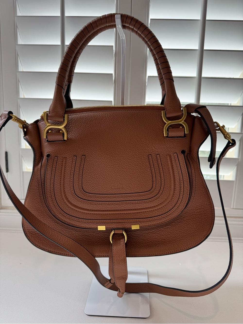 LUXE Marcie Medium Tan Brown Leather Satchel Crossbody Bag Gold Hardware